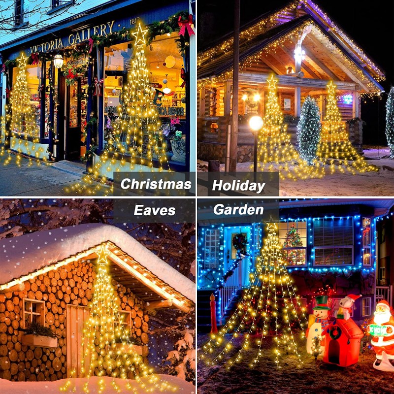 Led star 360 LED-es  vízesés csillagos fényfüzér 8 üzemmódú vízálló - meleg fehér